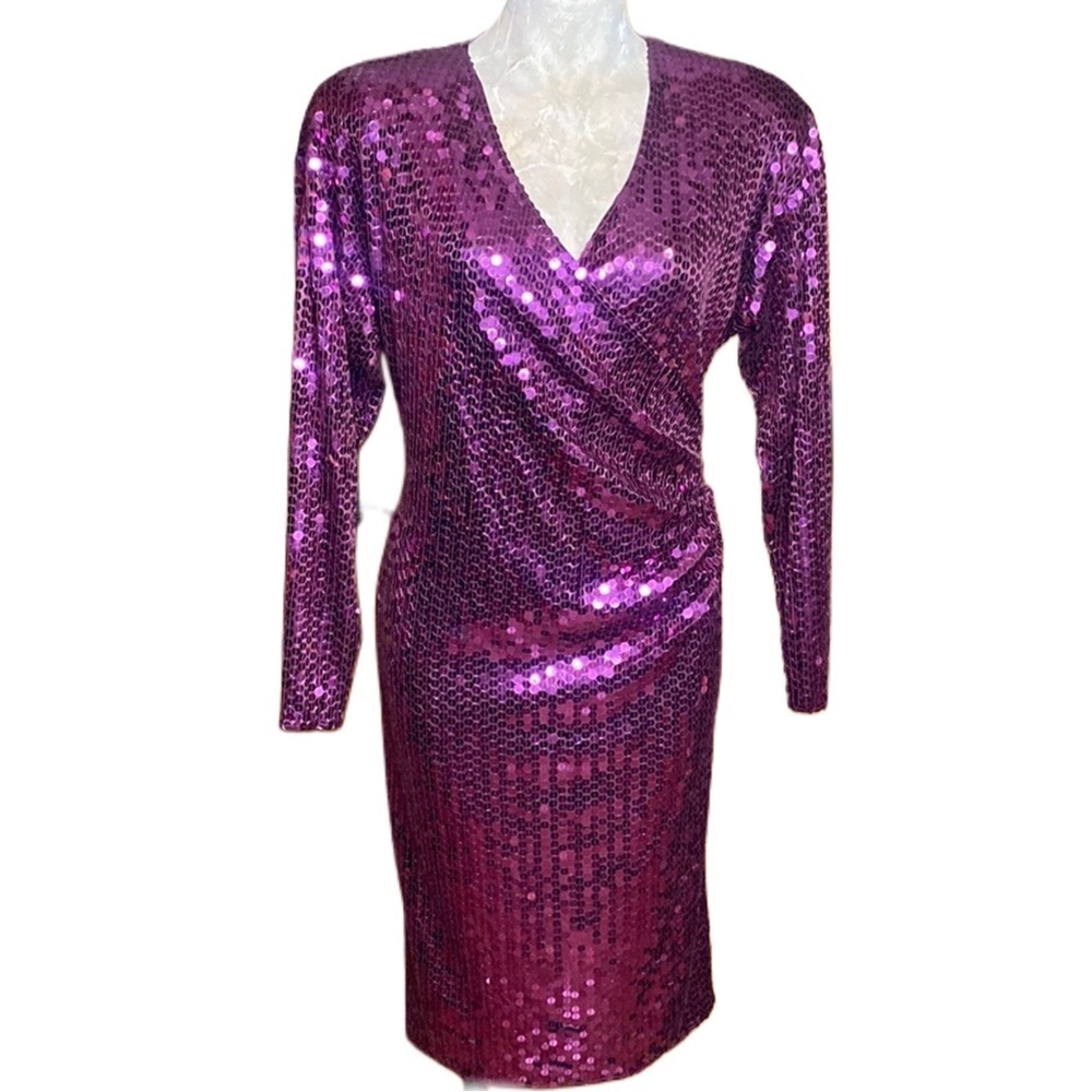 RARE Vtg Purple Sequin Oleg Cassini cocktail formal party midi long Dress sz 10